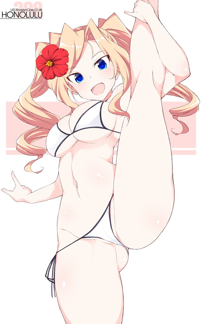 1girl bare_arms bare_legs bare_shoulders bikini blonde_hair blue_eyes breasts character_name drill_hair flower hair_flower hair_ornament honolulu_(kancolle) kantai_collection large_breasts long_hair navel open_mouth red_flower shigino_sohuzi smile solo split standing standing_on_one_leg standing_split swimsuit twin_drills twintails white_bikini