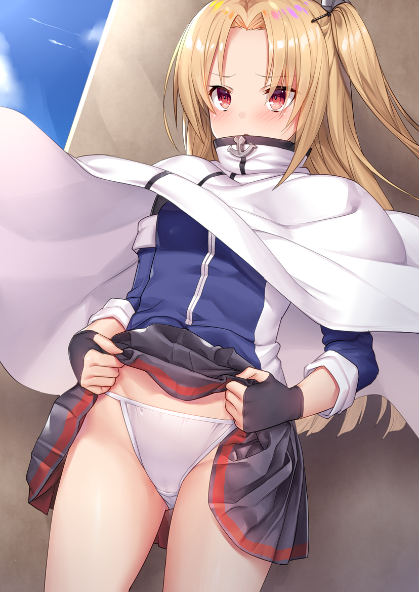 1girl azur_lane bangs black_gloves blonde_hair blue_sky blush capelet cleveland_(azur_lane) clothes_lift commentary_request commission covered_mouth eyebrows_visible_through_hair eyes_visible_through_hair fingerless_gloves gloves lifted_by_self long_hair long_sleeves looking_at_viewer one_side_up panties parted_lips pleated_skirt red_eyes sidelocks skeb_commission skirt skirt_lift sky solo torimaru underwear white_capelet white_panties