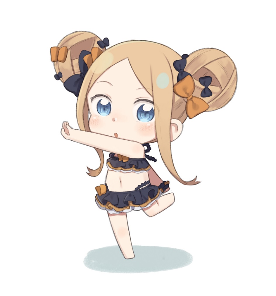 1girl :o abigail_williams_(fate) bangs bare_arms bare_shoulders barefoot bikini black_bikini black_bow blonde_hair blue_eyes blush bow chibi double_bun emerald_float fate/grand_order fate_(series) full_body hair_bow looking_at_viewer orange_bow parted_bangs parted_lips shadow sidelocks solo standing standing_on_one_leg swimsuit totatokeke white_background