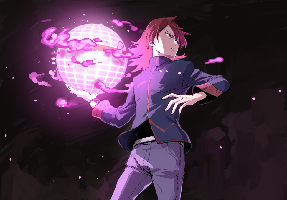 1boy bangs commentary_request dynamax_ball dynamax_band energy from_below grey_pants holding holding_poke_ball jacket long_sleeves looking_to_the_side male_focus medium_hair monji_samonji pants parted_lips poke_ball pokemon pokemon_(game) pokemon_hgss redhead silver_(pokemon) solo turtleneck_jacket