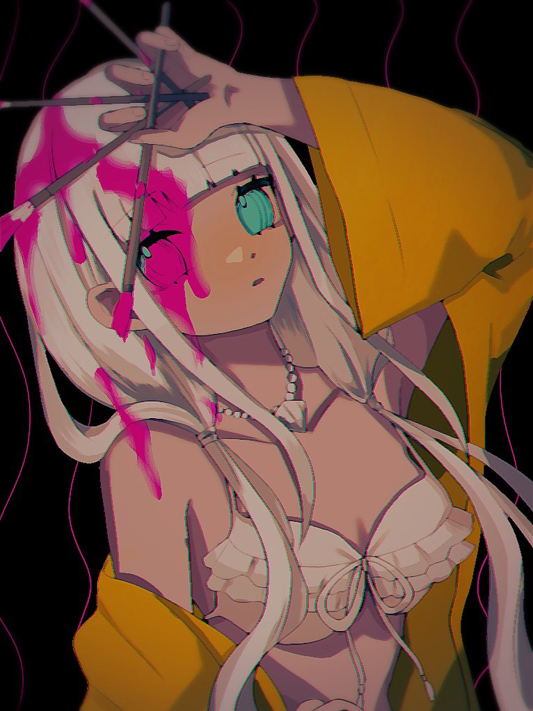 1girl bangs bare_shoulders bikini bikini_top black_background blood blood_on_face blunt_bangs breasts collarbone commentary_request dangan_ronpa_(series) dangan_ronpa_v3:_killing_harmony dark-skinned_female dark_skin eyebrows_visible_through_hair frilled_bikini frills front-tie_bikini front-tie_top hand_up holding jacket long_hair long_sleeves looking_at_viewer low_twintails off_shoulder paintbrush parted_lips pink_blood seunohala shell_necklace simple_background solo swimsuit twintails upper_body wavy_background white_bikini wide_sleeves yellow_jacket yonaga_angie