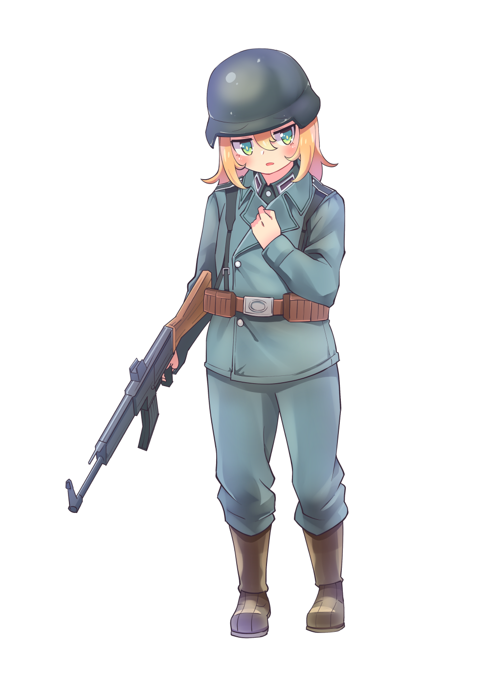 1girl :d ammunition_pouch assault_rifle bangs blonde_hair boots brown_footwear company_of_heroes full_body german_army green_eyes gun hair_between_eyes hand_on_own_chest hat helmet highres holding holding_gun holding_weapon military military_hat military_uniform open_mouth original pouch rifle simple_background smile stg44 uniform weapon white_background world_war_ii zhainan_s-jun