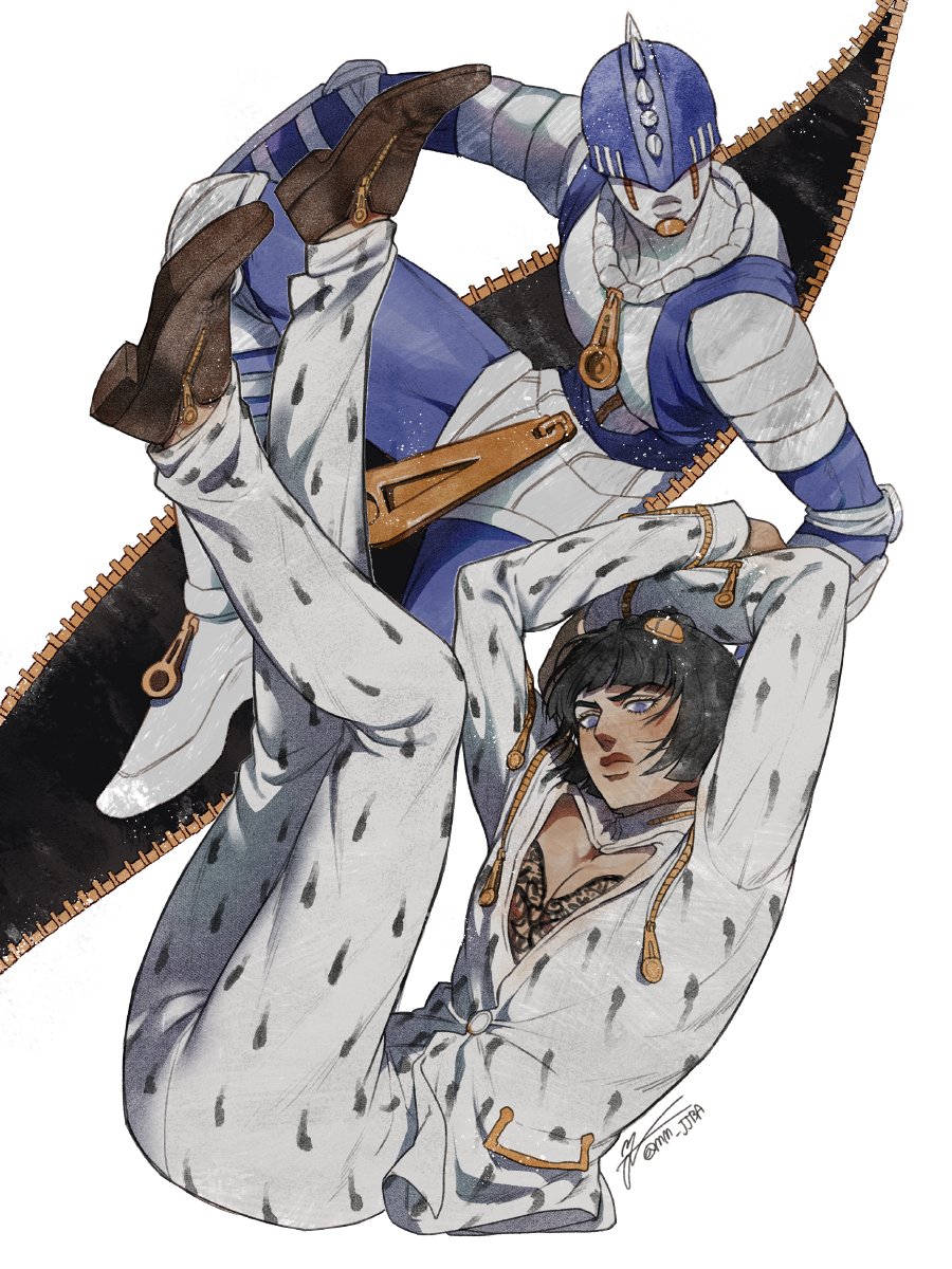 1boy black_hair blue_eyes bob_cut bruno_buccellati formal hair_ornament highres jojo_no_kimyou_na_bouken looking_at_viewer male_focus mm_jjba short_hair simple_background stand_(jojo) sticky_fingers_(stand) suit vento_aureo white_background zipper