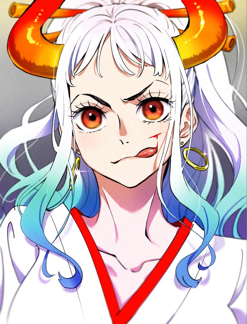 1girl bangs bleeding blood blood_on_face closed_mouth collarbone curled_horns cuts earrings eyelashes glint gradient gradient_background gradient_hair grey_background hair_ornament hair_stick hoop_earrings horns injury japanese_clothes jewelry kimono licking_blood light_blue_hair long_hair looking_at_viewer multicolored_hair one_piece parted_bangs ponytail red_eyes simple_background smile solo taro_(honyarara00) tongue tongue_out two-tone_hair upper_body v-shaped_eyebrows white_hair white_kimono yamato_(one_piece)