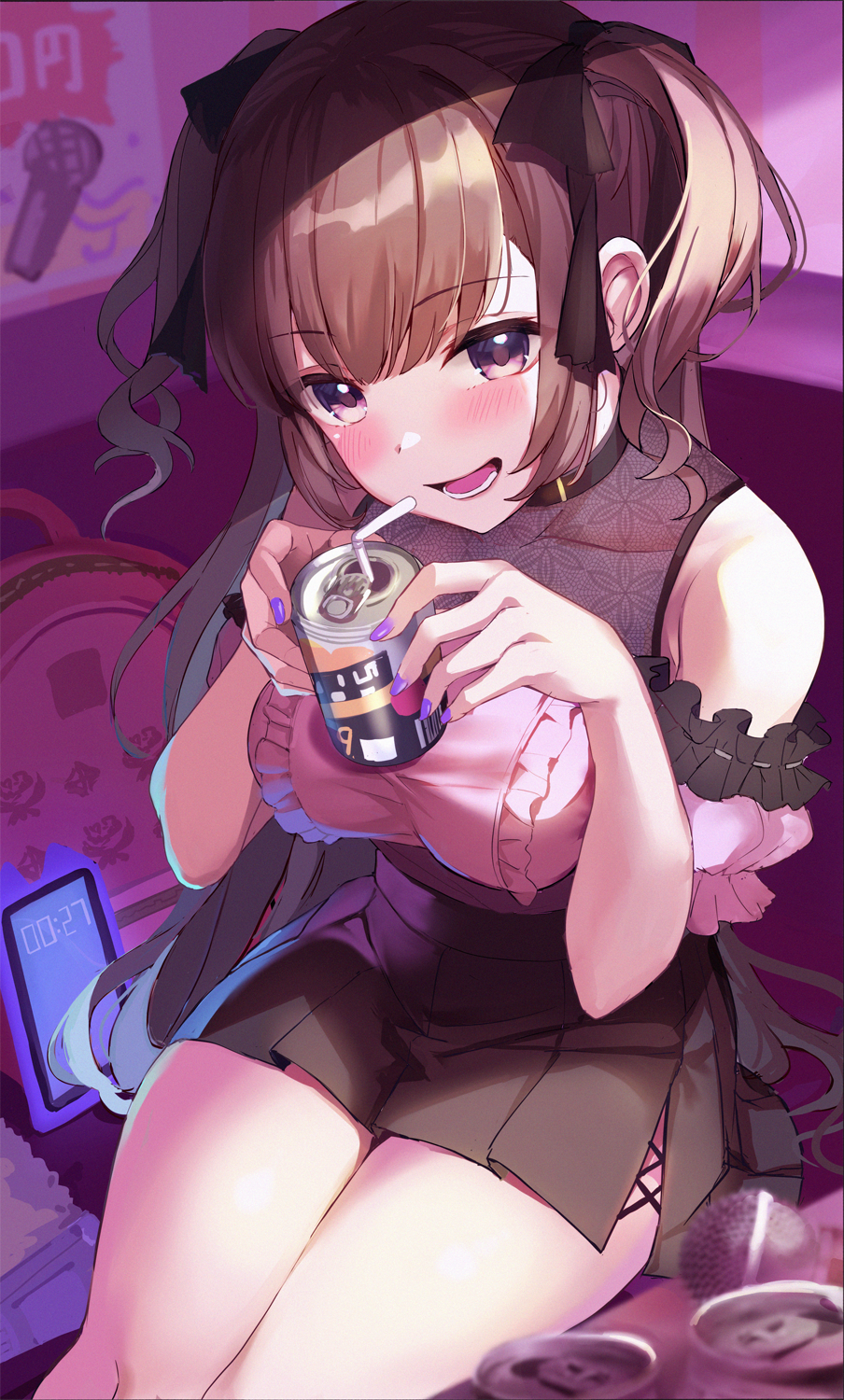 1girl :d backpack bag bangs bare_shoulders beer_can black_bow black_skirt blush bow breasts brown_hair can cellphone couch detached_sleeves eyebrows_visible_through_hair frilled_shirt frills hair_bow highres holding holding_can indoors large_breasts long_hair looking_at_viewer miniskirt monoto nail_polish on_couch open_mouth original phone pink_shirt pleated_skirt puffy_short_sleeves puffy_sleeves purple_nails shirt short_sleeves sidelocks sitting skirt smartphone smile solo two_side_up violet_eyes