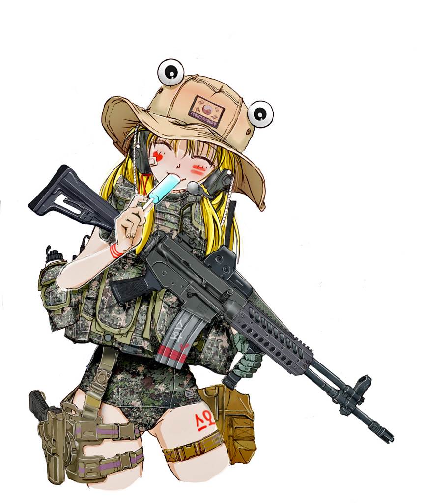 1girl alternate_costume ass_visible_through_thighs bandaid bandaid_on_cheek blonde_hair camouflage closed_eyes cropped_legs facepaint food foregrip gun holster long_hair moriya_suwako nakamura_3sou popsicle pyonta rifle smile solo thigh_holster thighs touhou weapon weapon_request white_background