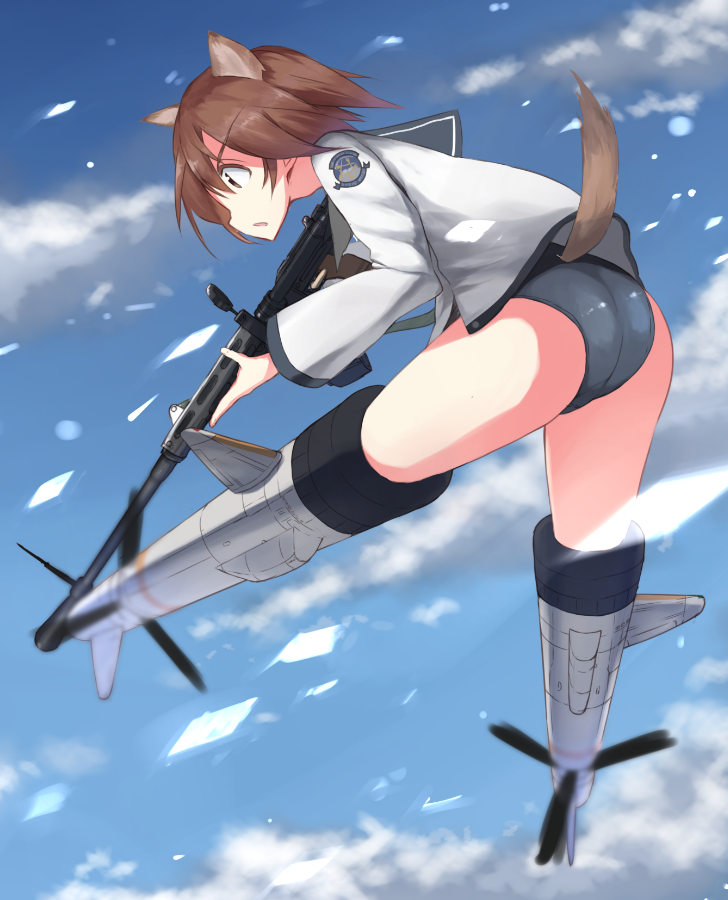 1girl 501st_joint_fighter_wing_(emblem) animal_ears ass bangs blouse blue_sailor_collar blue_sky blue_swimsuit blurry blurry_background brown_eyes brown_hair clouds cloudy_sky commentary depth_of_field dog_ears dog_tail female flying frown gun holding holding_gun holding_weapon leaning_forward long_sleeves machine_gun military military_uniform miyafuji_yoshika motion_blur no_pants open_mouth sailor sailor_collar school_swimsuit short_hair sky solo strike_witches striker_unit swimsuit swimsuit_under_clothes tail tsuru_(tsubasa1993621) type_99_cannon uniform weapon white_blouse world_witches_series