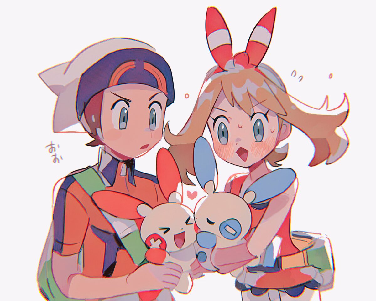 1boy 1girl brendan_(pokemon) diamond_mouth gen_3_pokemon hat heart hinann_bot holding holding_pokemon may_(pokemon) minun plusle pokemon pokemon_(creature) simple_background symbol_commentary white_background