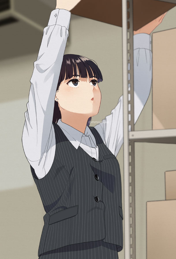 1girl :o bangs black_eyes black_hair blunt_bangs blurry blurry_background box cardboard_box mattaku_mousuke office_lady original pinstripe_pattern reaching solo striped vest watermark