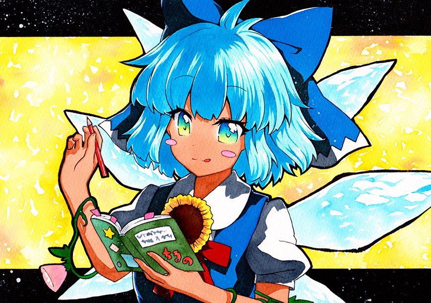 1girl :3 :q blue_bow blue_dress blue_eyes blue_hair blush book bookmark bow cirno commentary_request dress dress_shirt eyebrows_visible_through_hair flower gradient_eyes hair_bow hands_up holding holding_book holding_pencil ice ice_wings letterboxed morning_glory multicolored multicolored_eyes neck_ribbon open_book outside_border pencil pinafore_dress pink_flower plant puffy_short_sleeves puffy_sleeves qqqrinkappp raised_eyebrows red_neckwear red_ribbon ribbon shirt short_hair short_sleeves solo square star_(symbol) sunflower tan tanned_cirno tongue tongue_out touhou traditional_media upper_body vines watercolor_(medium) white_shirt wing_collar wings yellow_eyes yellow_flower