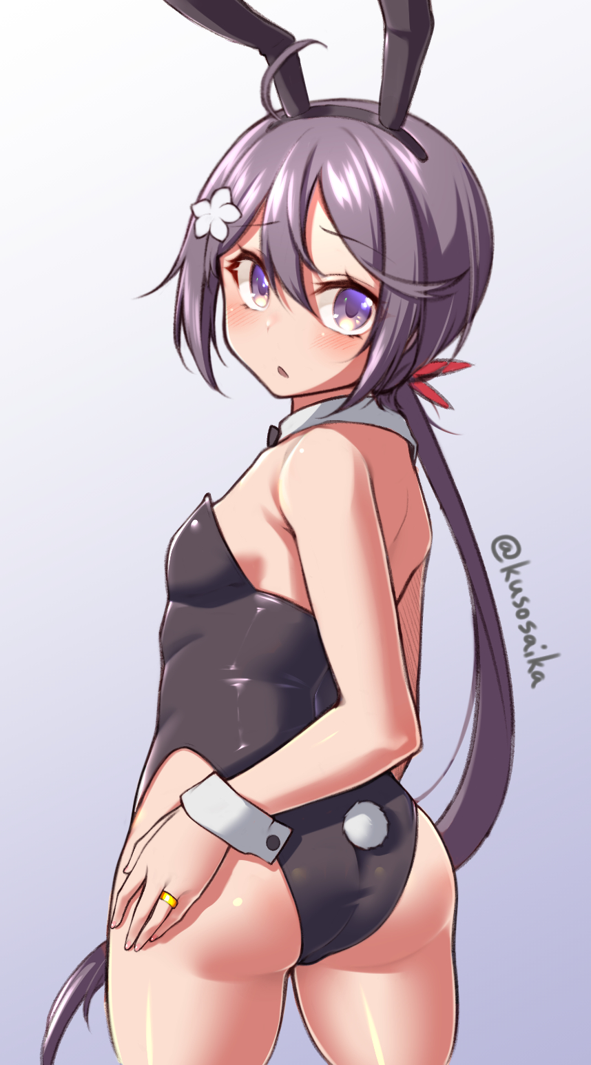 1girl akebono_(kancolle) animal_ears ass bangs black_leotard blush bow bowtie breasts bunny_day commentary_request cowboy_shot detached_collar eyebrows_visible_through_hair fake_animal_ears flower from_behind grey_background hair_flower hair_ornament hand_on_ass hand_on_own_ass highres jewelry kantai_collection leotard long_hair looking_at_viewer looking_back open_mouth playboy_bunny purple_hair rabbit_ears rabbit_tail ring side_ponytail simple_background small_breasts strapless strapless_leotard tail twitter_username very_long_hair violet_eyes wedding_band wrist_cuffs yuki_to_hana