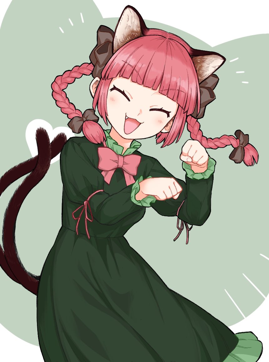 1girl animal_ears bangs black_bow blunt_bangs blush bow bowtie braid cat_ears cat_tail clenched_hands closed_eyes dress extra_ears fang green_background green_dress hair_bow hands_up kaenbyou_rin long_hair long_sleeves multiple_tails oninamako open_mouth paw_pose red_neckwear redhead smile solo tail touhou twin_braids twintails two_tails