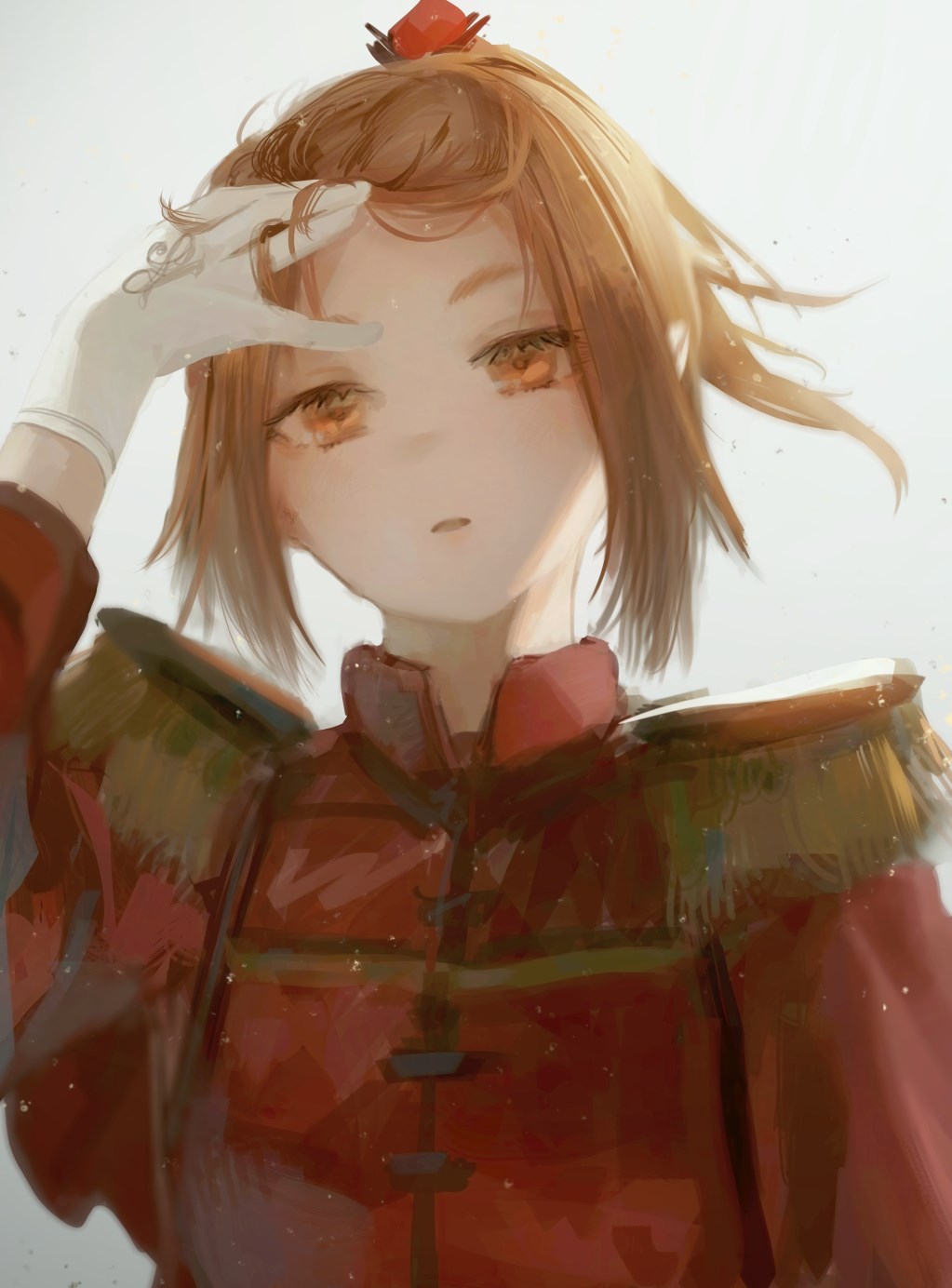 1girl brown_eyes brown_hair copyright_request epaulettes forehead gloves hair_lift hand_up head_tilt highres jacket looking_at_viewer noccu parted_lips ponytail red_jacket short_hair simple_background solo white_background white_gloves