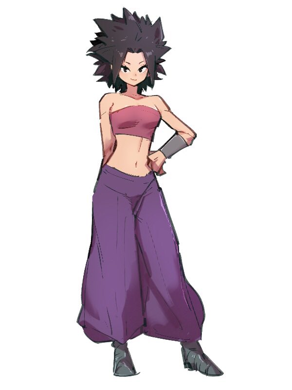 1girl arm_at_side baggy_pants bangs black_eyes black_footwear black_hair breasts caulifla clenched_hand closed_mouth contrapposto dot_nose dragon_ball dragon_ball_super full_body hand_on_hip kemachiku looking_at_viewer medium_breasts midriff navel pants parted_bangs pink_tubetop purple_pants shoes short_hair simple_background smile solo standing strapless tsurime tubetop white_background wristband