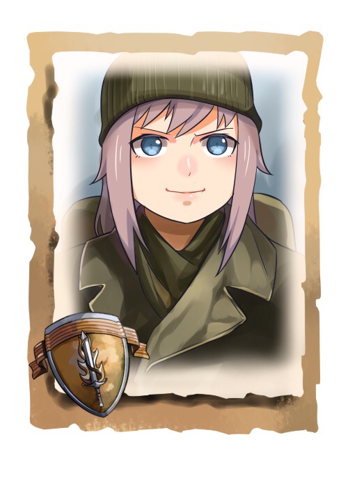 1girl bangs beanie blue_eyes closed_mouth company_of_heroes hair_between_eyes hat military military_coat military_hat military_uniform original portrait purple_hair smile solo uniform united_states_army world_war_ii zhainan_s-jun