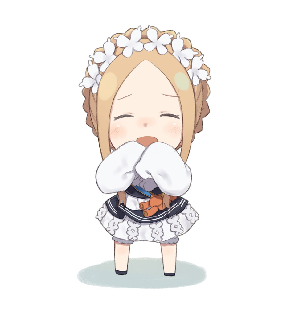 1girl :d ^_^ abigail_williams_(fate) bangs black_dress black_footwear blonde_hair bloomers blush braid chibi closed_eyes crown_braid dress facing_viewer fate/grand_order fate_(series) flower forehead full_body hair_flower hair_ornament hands_up heroic_spirit_festival_outfit long_sleeves open_mouth parted_bangs shadow sleeves_past_fingers sleeves_past_wrists smile solo standing stuffed_animal stuffed_toy teddy_bear totatokeke underwear white_background white_bloomers white_flower