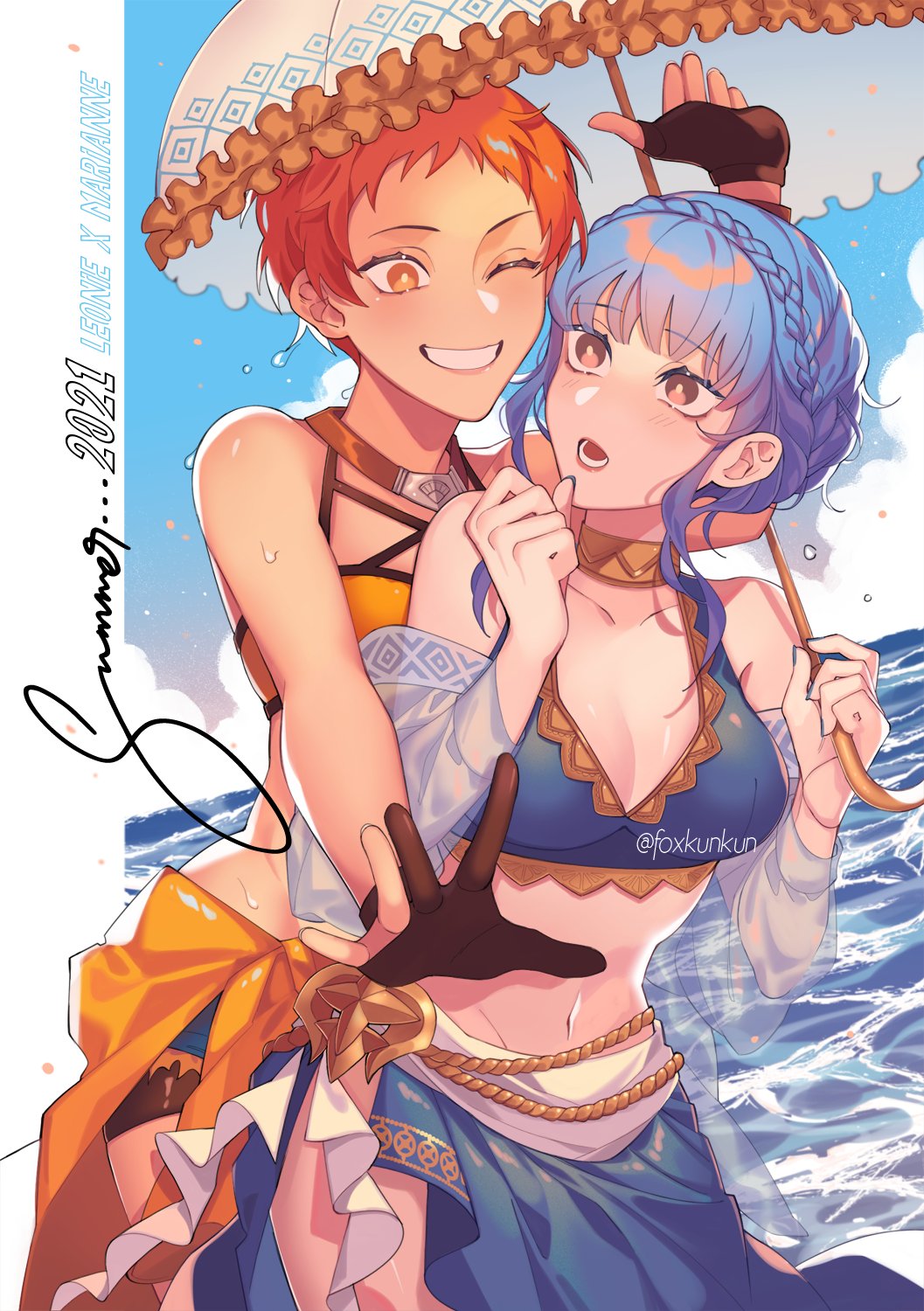 ... 2021 2girls artist_name bare_shoulders blue_hair braid braided_bun breasts brown_eyes choker collarbone cowboy_shot dated day fire_emblem fire_emblem:_three_houses foxkunkun gloves hair_bun highres holding holding_umbrella large_breasts leonie_pinelli looking_at_another marianne_von_edmund multiple_girls navel one_eye_closed open_clothes orange_eyes orange_hair outdoors short_hair smile standing swimsuit teeth tongue twitter_username umbrella water watermark