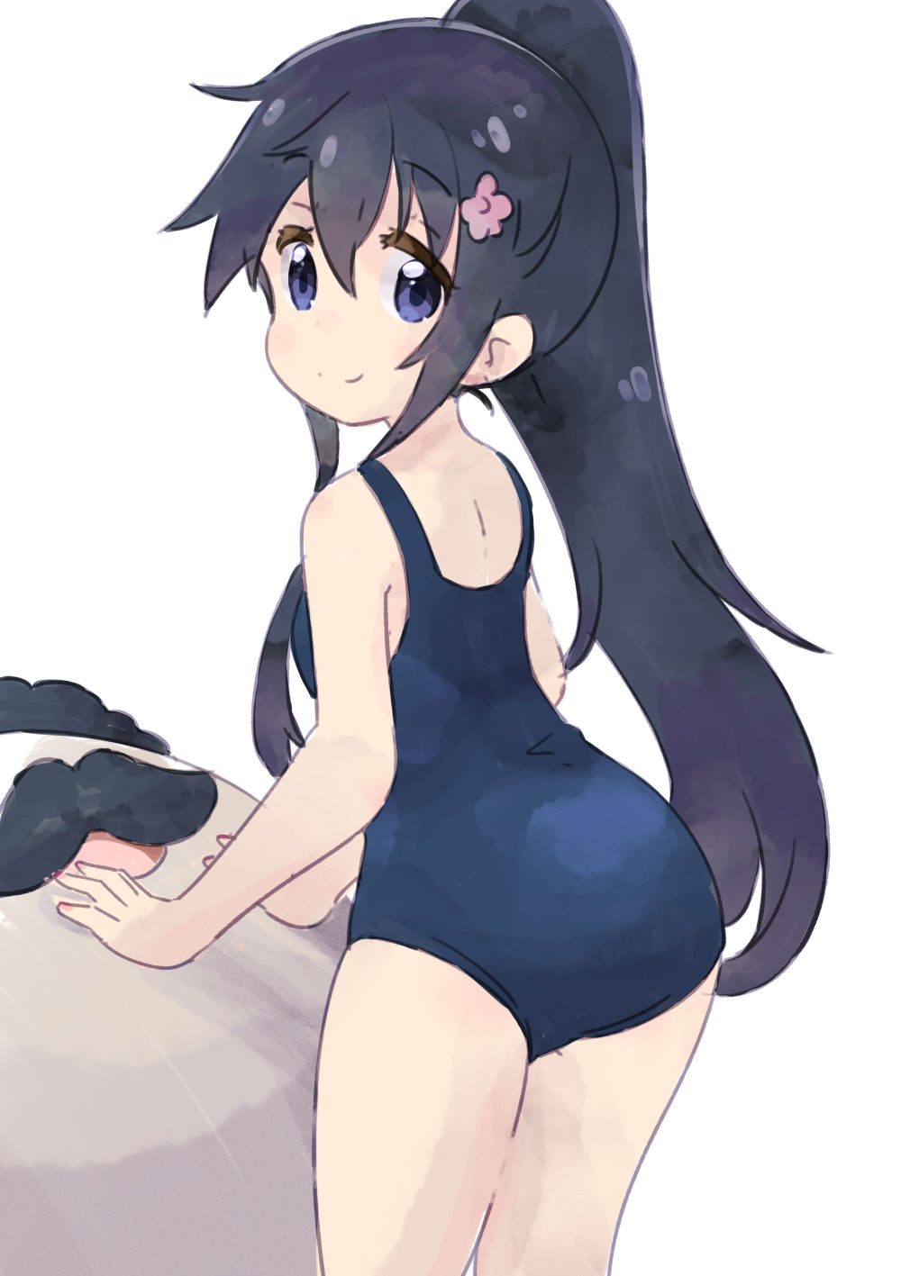 1girl aosora_neko ass black_hair blue_eyes blue_swimsuit flower from_behind hair_flower hair_ornament hairclip highres long_hair looking_back one-piece_swimsuit ponytail school_swimsuit shirosaki_hana simple_background smile solo swimsuit thighs watashi_ni_tenshi_ga_maiorita! white_background