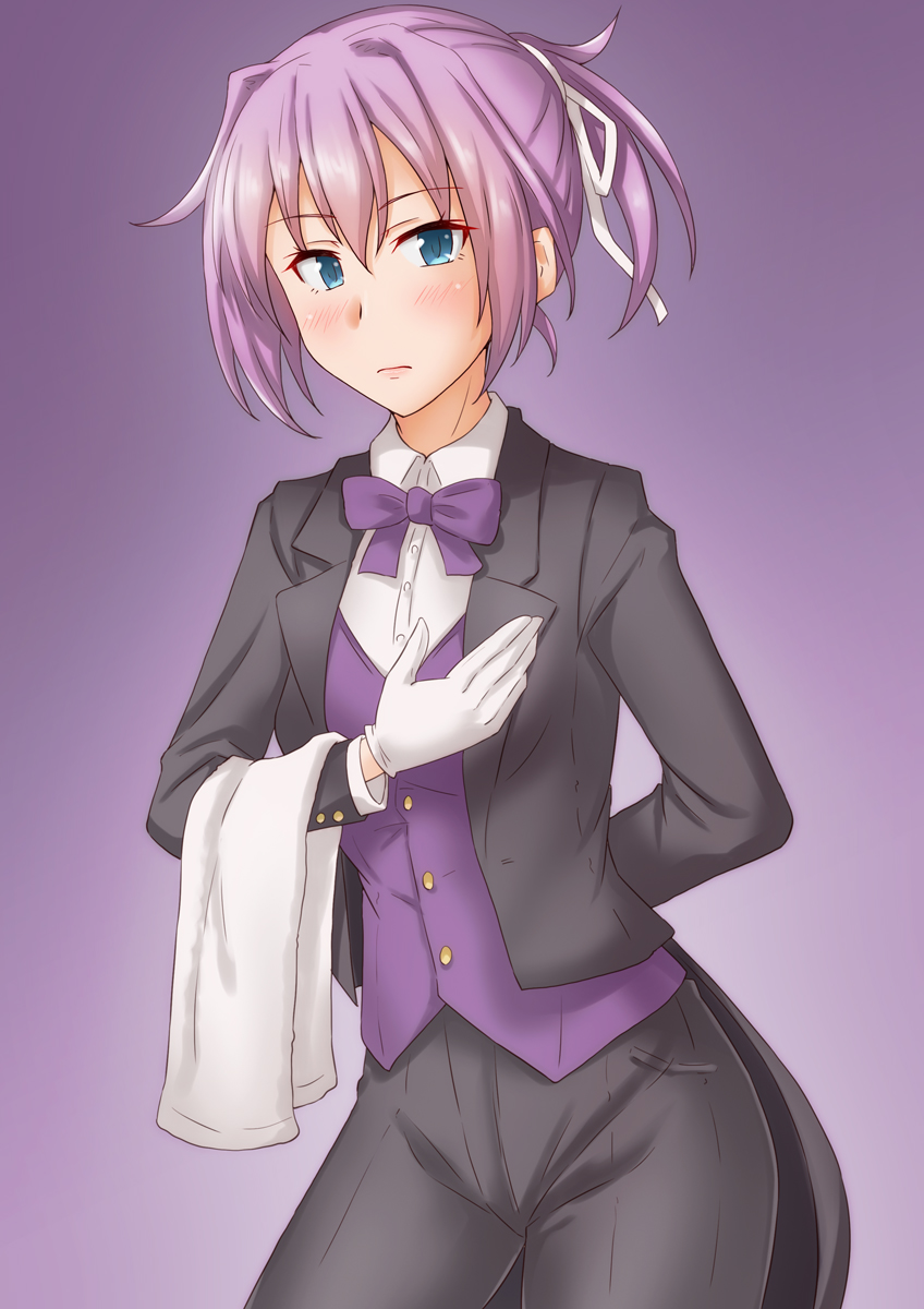 1girl alternate_costume anti_(untea9) black_pants black_suit blue_eyes bow bowtie closed_mouth cowboy_shot formal gloves gradient gradient_background hair_between_eyes hair_ribbon high_ponytail highres kantai_collection looking_at_viewer pant_suit pants pink_hair purple_background purple_neckwear purple_vest ribbon shiranui_(kancolle) shirt short_hair short_ponytail solo suit vest white_gloves white_ribbon white_shirt