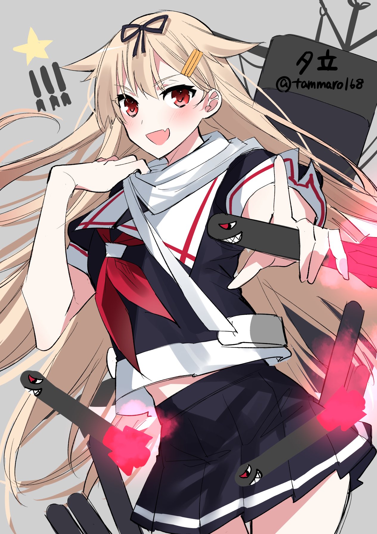 1girl bangs black_skirt blonde_hair blush character_name fang grey_background hair_flaps hair_ornament hair_ribbon hairclip highres holding holding_torpedo kantai_collection long_hair neckerchief one-hour_drawing_challenge open_mouth pleated_skirt red_eyes red_neckwear ribbon sailor_collar scarf school_uniform serafuku short_sleeves simple_background skin_fang skirt solo star_(symbol) torpedo twitter_username white_sailor_collar white_scarf yano_tanimachi yuudachi_(kancolle)