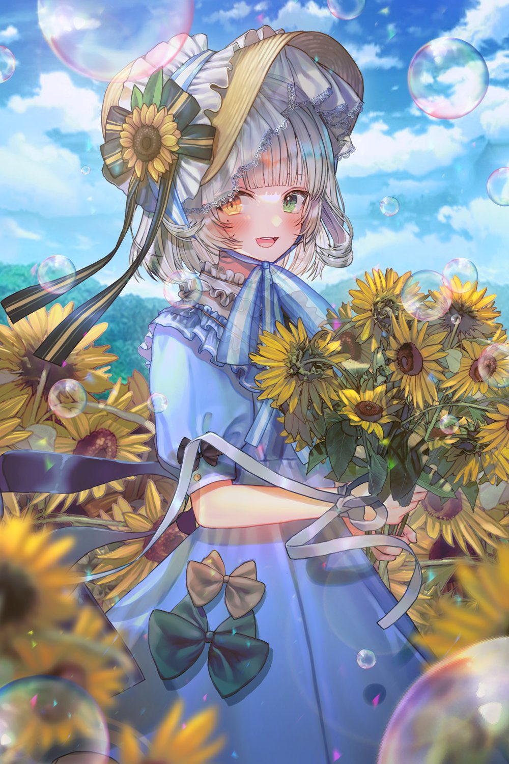 1girl :d bangs black_ribbon blue_dress blunt_bangs blurry blurry_foreground blush bonnet bow bubble clouds cloudy_sky commentary day dress field flower flower_field green_bow green_eyes hanato_(seonoaiko) heterochromia highres holding holding_flower looking_at_viewer mole mole_under_eye open_mouth original outdoors puffy_short_sleeves puffy_sleeves ribbon short_hair short_sleeves silver_hair sky smile solo standing sunflower symbol_commentary upper_teeth white_ribbon yellow_bow yellow_eyes yellow_flower