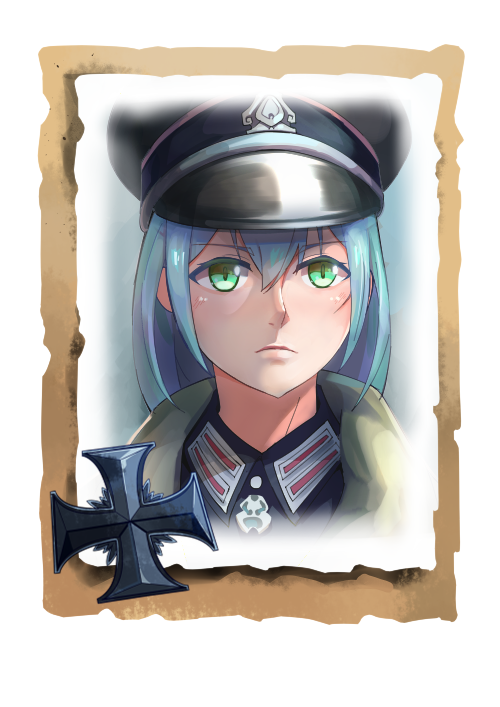 1girl bangs blue_hair closed_mouth company_of_heroes german_army green_eyes hair_between_eyes hat military military_coat military_hat military_uniform original portrait scar scar_on_face solo uniform world_war_ii zhainan_s-jun