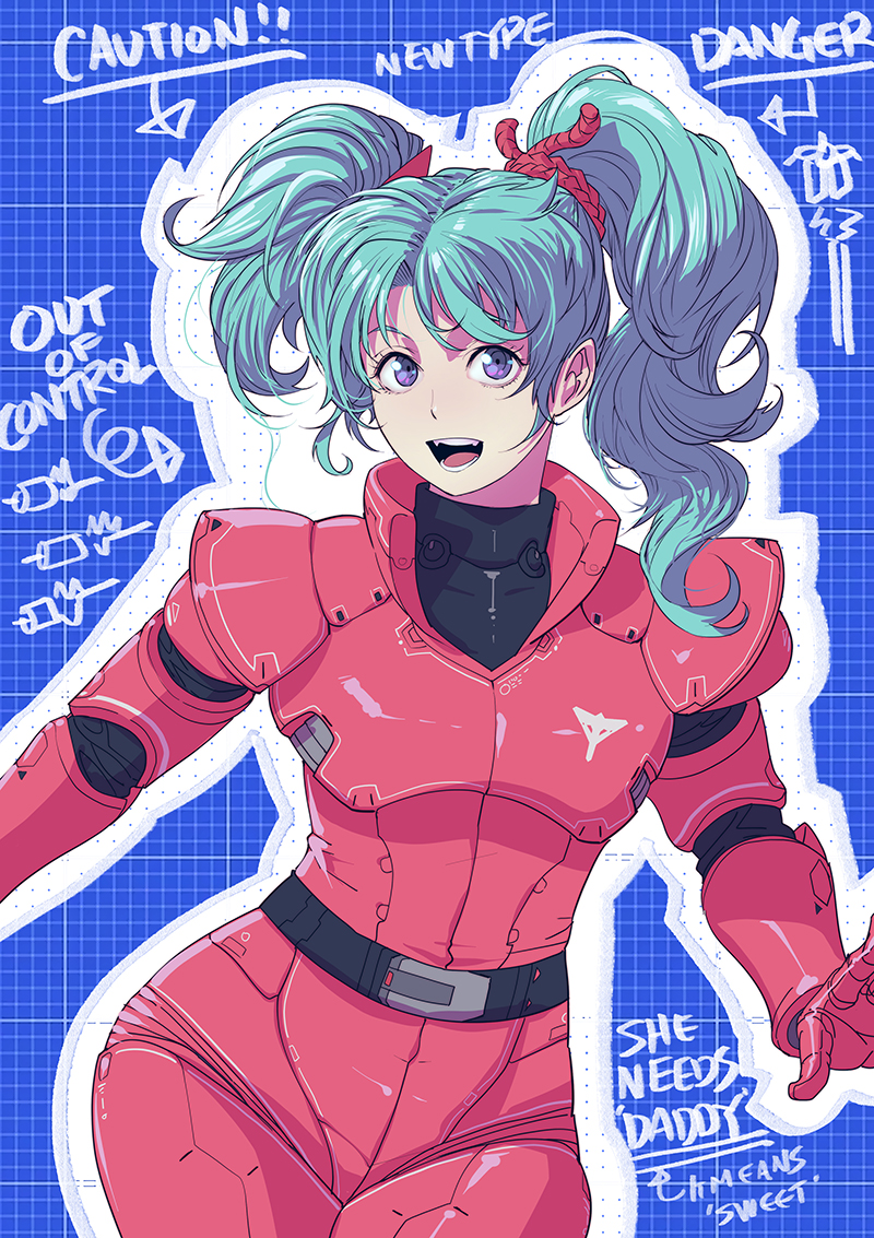 1girl bangs blue_hair butcherboy char's_counterattack english_text fangs flat_chest gloves grid gundam hair_behind_ear looking_at_viewer open_mouth pilot_suit quess_paraya red_gloves smile solo twintails uneven_twintails violet_eyes