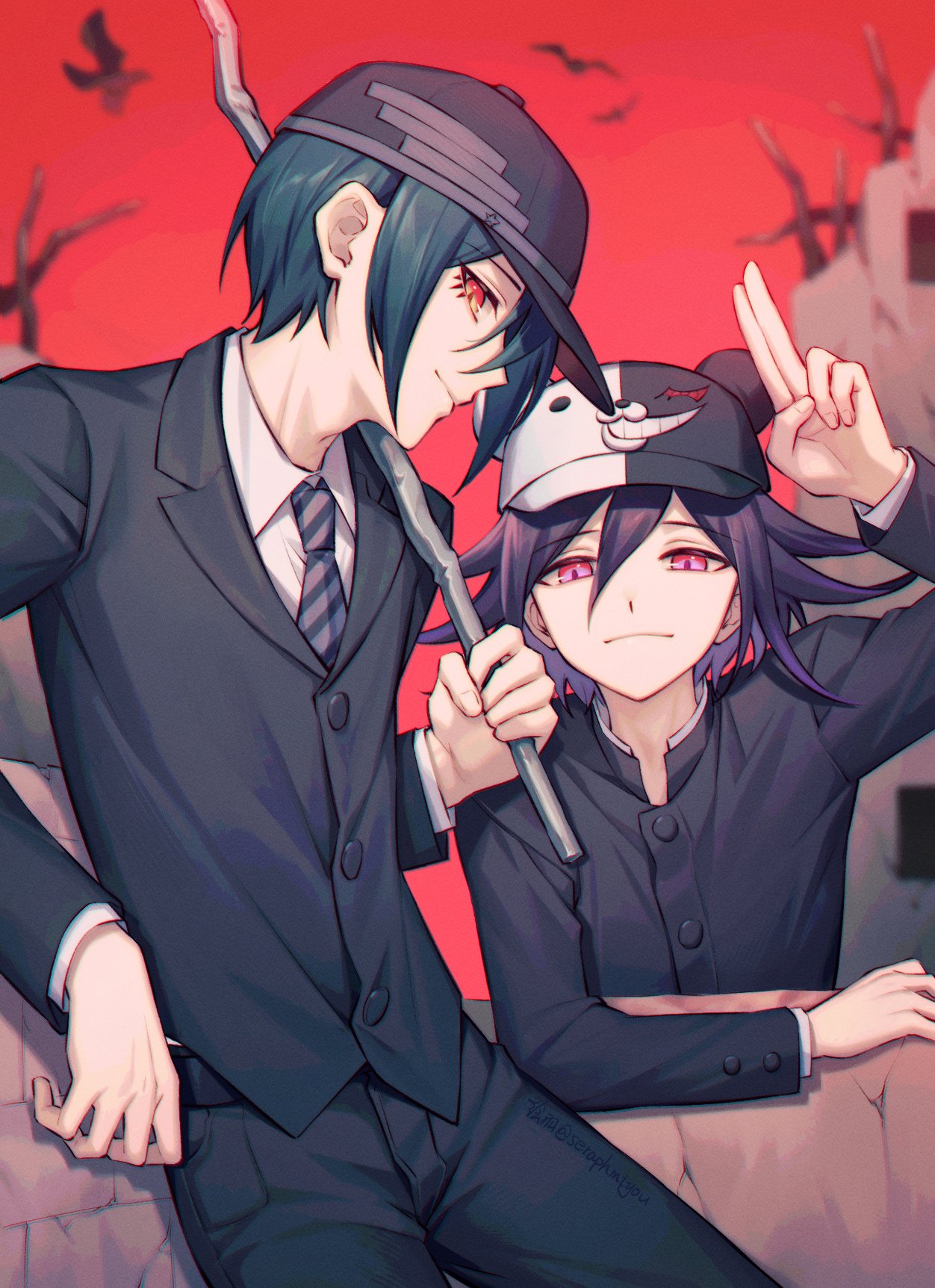 2boys arm_up bangs baseball_cap bat black_hair black_headwear black_jacket black_pants collared_shirt commentary_request cowboy_shot dangan_ronpa_(series) dangan_ronpa_v3:_killing_harmony ewa_(seraphhuiyu) eyelashes flipped_hair from_side hair_between_eyes hand_up hat highres holding jacket long_sleeves looking_at_viewer male_focus monokuma multicolored multicolored_clothes multicolored_hair multicolored_headwear multiple_boys necktie official_alternate_costume ouma_kokichi pants pink_eyes pink_hair red_background red_eyes ruins saihara_shuuichi shirt short_hair smile striped striped_neckwear two-tone_hair upper_body weapon white_headwear white_shirt