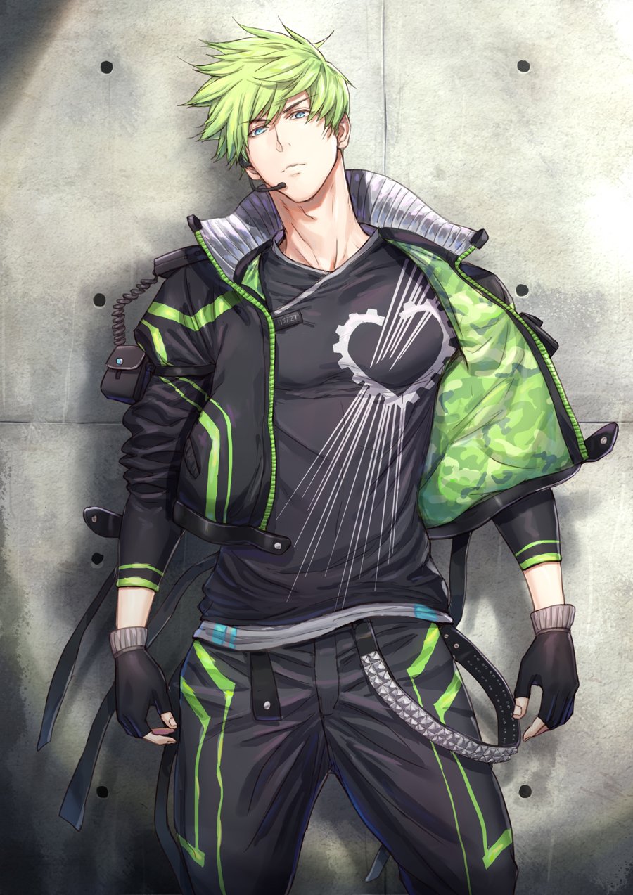 1boy aqua_eyes belt black_gloves black_jacket black_pants cropped_jacket fingerless_gloves gloves green_hair green_jacket highres jacket looking_at_viewer male_focus muscular muscular_male open_clothes open_jacket original pants shirt short_hair solo spiky_hair two-tone_jacket zawar379