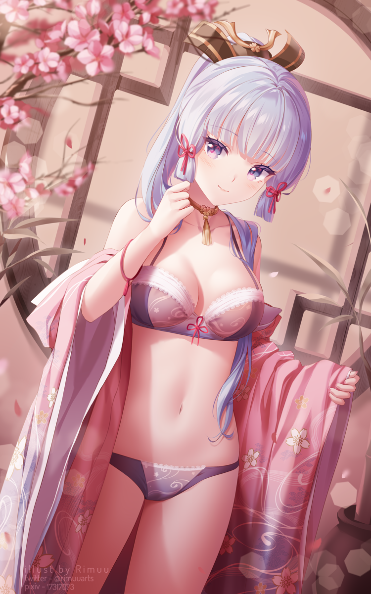 1girl bare_shoulders bra breasts cherry_blossoms choker cowboy_shot genshin_impact grey_bra grey_panties hair_ornament highres japanese_clothes kamisato_ayaka lingerie long_hair looking_at_viewer medium_breasts navel off_shoulder open_clothes panties ponytail rimuu silver_hair smile solo standing stomach underwear violet_eyes wide_sleeves