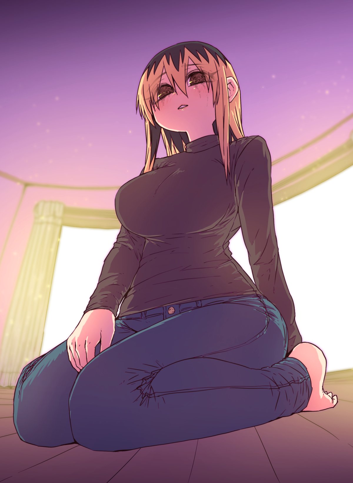 1girl :&lt; @_@ black_hair black_shirt blonde_hair blush breasts brown_hair ceiling denim eyebrows eyebrows_visible_through_hair feet highres jeans kneeling large_breasts long_sleeves looking_at_viewer looking_down multicolored_hair no_shoes original pants shirt two-tone_hair window zyugoya