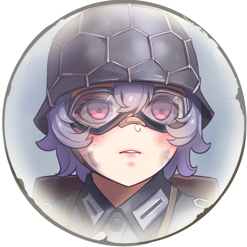 1girl bandaid bangs border company_of_heroes dirty dirty_face german_army goggles goggles_on_head hair_between_eyes hat helmet lowres military military_hat military_uniform open_mouth original pink_eyes portrait purple_hair short_hair solo teeth uniform world_war_ii zhainan_s-jun