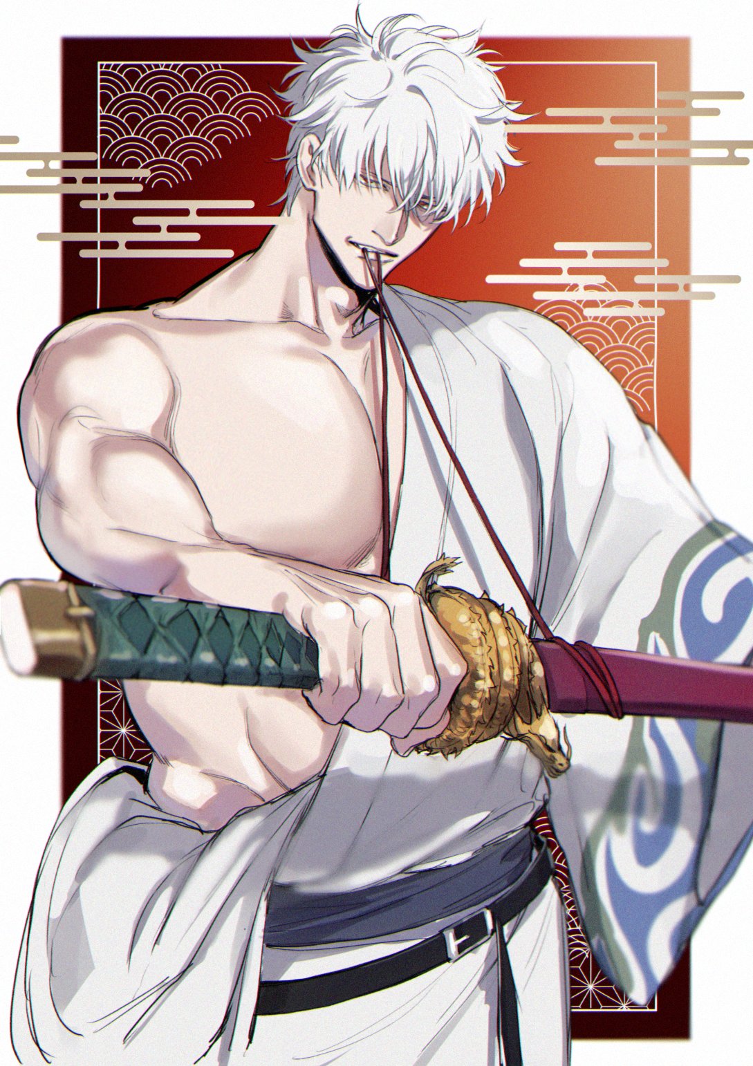 1boy alternate_pectoral_size bare_pectorals gintama hadanugi_dousa highres hisknn holding holding_sword holding_weapon japanese_clothes katana kimono large_pectorals looking_at_viewer male_focus muscular muscular_male pale_skin pectorals sakata_gintoki short_hair single_bare_shoulder solo sword weapon white_kimono