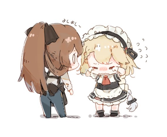 2girls apron blonde_hair braid braided_ponytail brown_hair chibi commentary_request crying denim g36_(girls_frontline) girls_frontline hair_ribbon jeans long_hair maid maid_apron maid_headdress multiple_girls pants ribbon shuzi springfield_(girls_frontline) translation_request