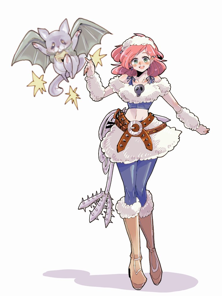 1girl animal_costume bat_wings beastmaster_(final_fantasy) belt detached_sleeves earrings final_fantasy final_fantasy_v green_eyes headband jewelry lenna_charlotte_tycoon medium_hair midriff monster navel open_mouth pink_hair saito_piyoko sheep_costume simple_background skull solo squirrel squirrel_tail stomach tail weapon whip white_background wings