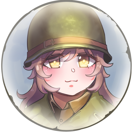 1girl :3 bangs border brown_hair closed_mouth company_of_heroes hair_between_eyes hat helmet long_hair lowres military military_hat military_uniform original portrait purple_hair solo star_(symbol) uniform united_states_army world_war_ii yellow_eyes zhainan_s-jun