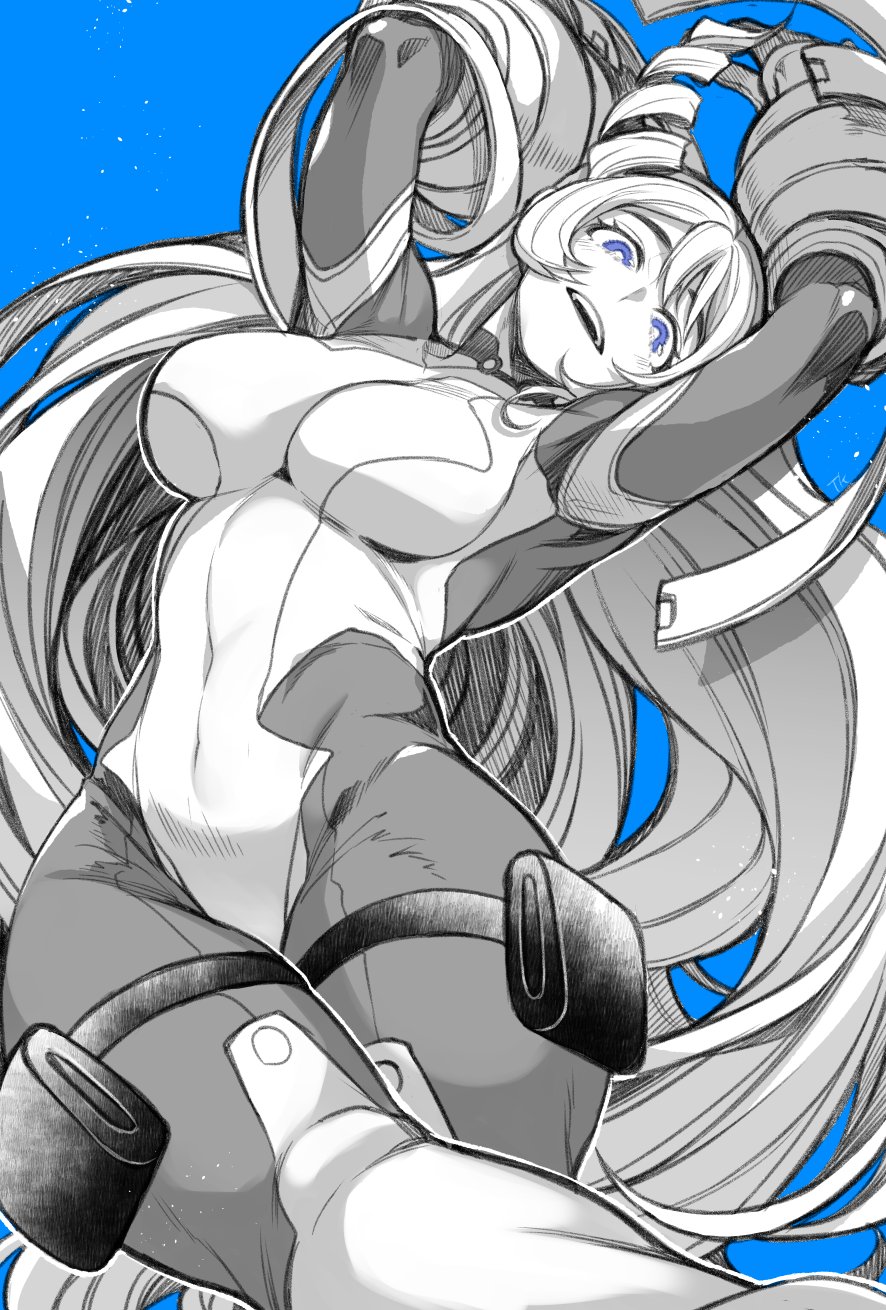 1girl arms_up blue_background blue_eyes bodysuit boku_no_hero_academia breasts commentary_request covered_navel drill_hair greyscale hadou_nejire highres long_hair looking_at_viewer medium_breasts monochrome open_mouth simple_background takatsuki_ichi teeth upper_teeth very_long_hair