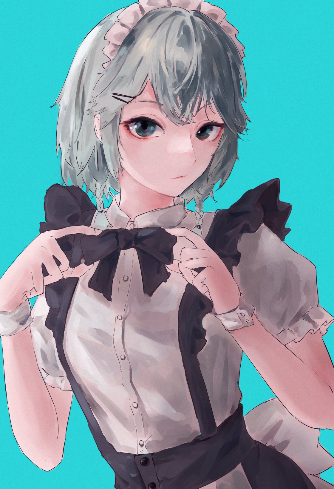 1girl adjusting_clothes adjusting_necktie black_skirt blue_background blue_eyes bow braid frilled_suspenders highres izayoi_sakuya maid_headdress necktie puffy_short_sleeves puffy_sleeves shirt short_hair short_sleeves side_braids silver_hair simple_background skirt suspenders tabey0u touhou twin_braids white_shirt wrist_cuffs