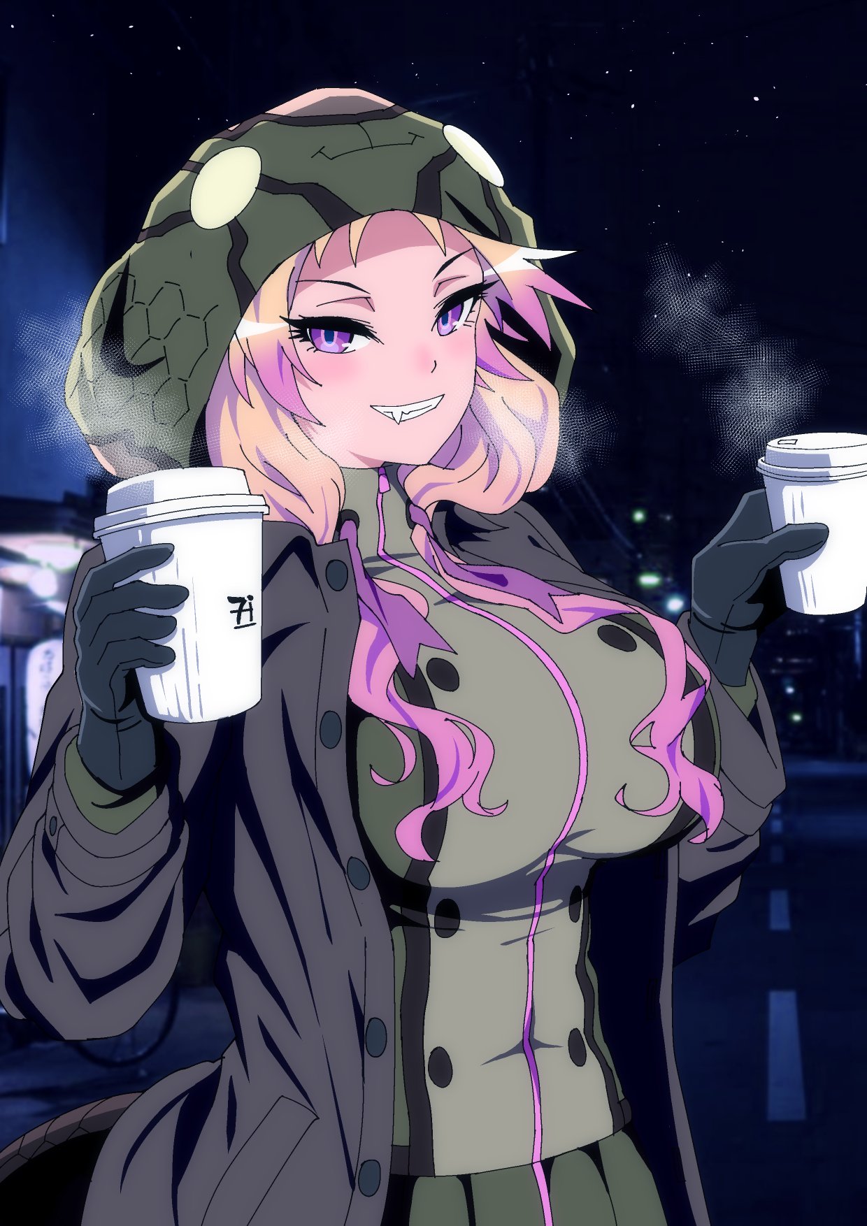 1girl african_rock_python_(kemono_friends) animal_print black_gloves black_panties blonde_hair boots breasts brown_legwear coffee_cup collared_jacket cup disposable_cup drawstring fang fang_out fangs forked_tongue furrowed_brow gloves green_jacket green_skirt grin high_collar highres hood hood_up hooded_jacket huge_breasts jacket kemono_friends light_blush long_hair lying mamiyama multicolored_hair on_side open_mouth panties pleated_skirt print_jacket purple_hair road skirt smile snake_print snake_tail solo steam tail tongue underwear violet_eyes