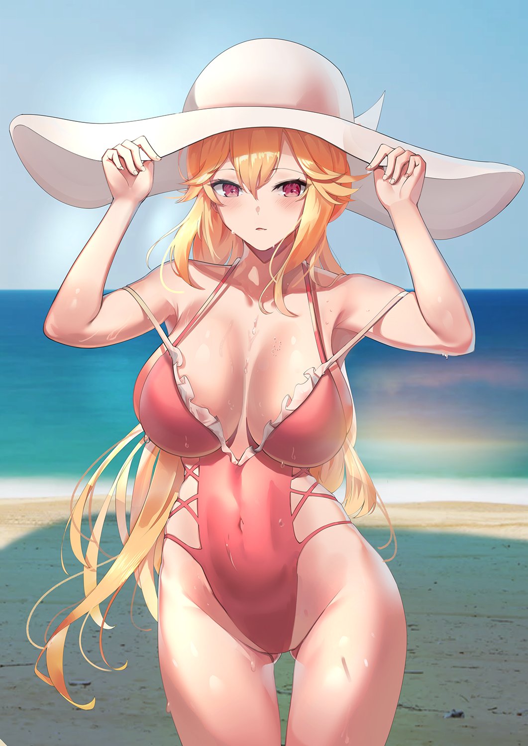 1girl azur_lane bare_shoulders beach blonde_hair breasts covered_navel hand_on_headwear hat highres large_breasts long_hair looking_at_viewer manu_(pixiv41646715) off_shoulder official_alternate_costume outdoors parted_lips pink_swimsuit richelieu_(azur_lane) richelieu_(flagship_in_the_sea_breeze)_(azur_lane) swimsuit violet_eyes wet wet_clothes wet_swimsuit white_headwear