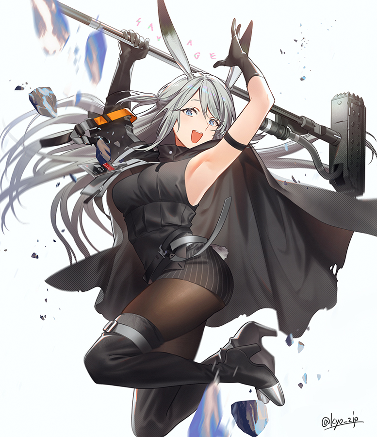 1girl animal_ears arknights armpits arms_up black_gloves blue_eyes boots character_name cloak gloves grey_hair hammer high_heel_boots high_heels holding holding_hammer kyou_zip long_hair miniskirt pantyhose rabbit_ears rock savage_(arknights) skirt striped striped_skirt twitter_username white_background