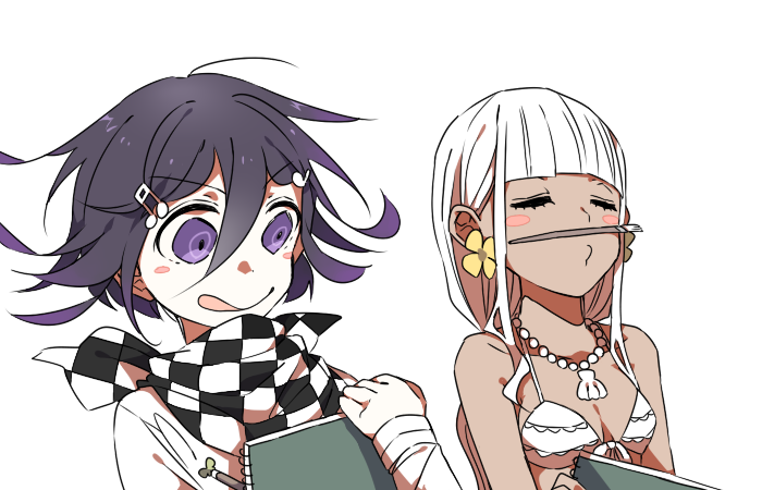 1boy 1girl :q bangs bare_shoulders bikini black_hair blush_stickers breasts checkered checkered_neckwear checkered_scarf closed_eyes collarbone dangan_ronpa_(series) dangan_ronpa_v3:_killing_harmony dark-skinned_female dark_skin drawing eyebrows_visible_through_hair flower ganguro grey_hair hair_between_eyes hair_ornament hairclip hand_up holding jacket jewelry jian_jing long_hair long_sleeves medium_breasts musical_note_hair_ornament necklace ouma_kokichi paintbrush purple_hair scarf shell_necklace simple_background smile swimsuit tongue tongue_out upper_body violet_eyes white_background white_jacket yonaga_angie