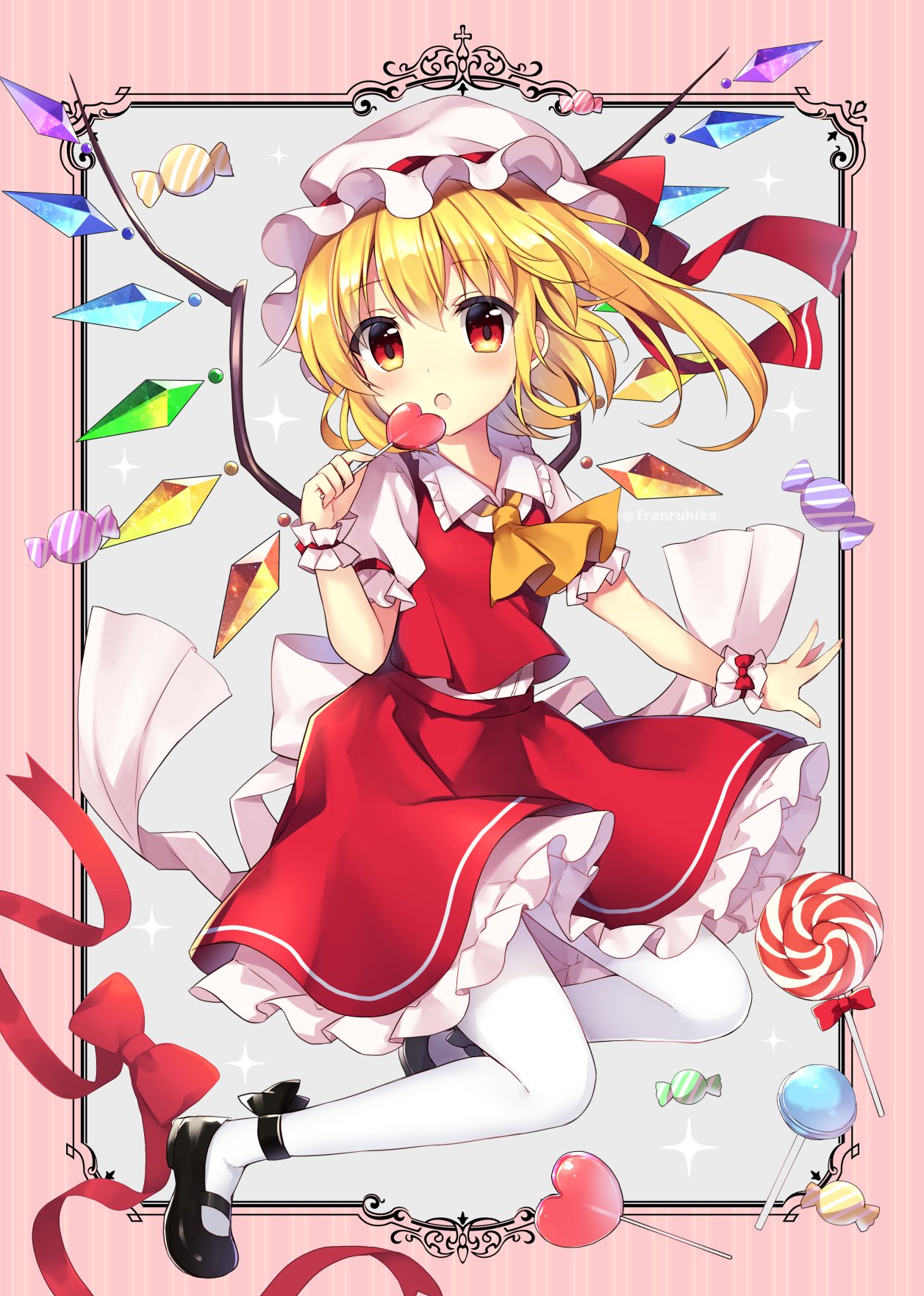 1girl artist_name bangs black_footwear blonde_hair blush bow candy collar crystal eyebrows_visible_through_hair eyes_visible_through_hair flandre_scarlet food frills grey_background hair_between_eyes hand_up hat hat_ribbon highres jewelry looking_at_viewer mob_cap multicolored multicolored_wings one_side_up open_mouth pantyhose pink_background puffy_short_sleeves puffy_sleeves red_bow red_eyes red_ribbon red_skirt red_vest ribbon ruhika shirt shoes short_hair short_sleeves skirt solo star_(symbol) touhou twitter_username vest white_bow white_headwear white_legwear white_shirt wings wrist_cuffs yellow_neckwear