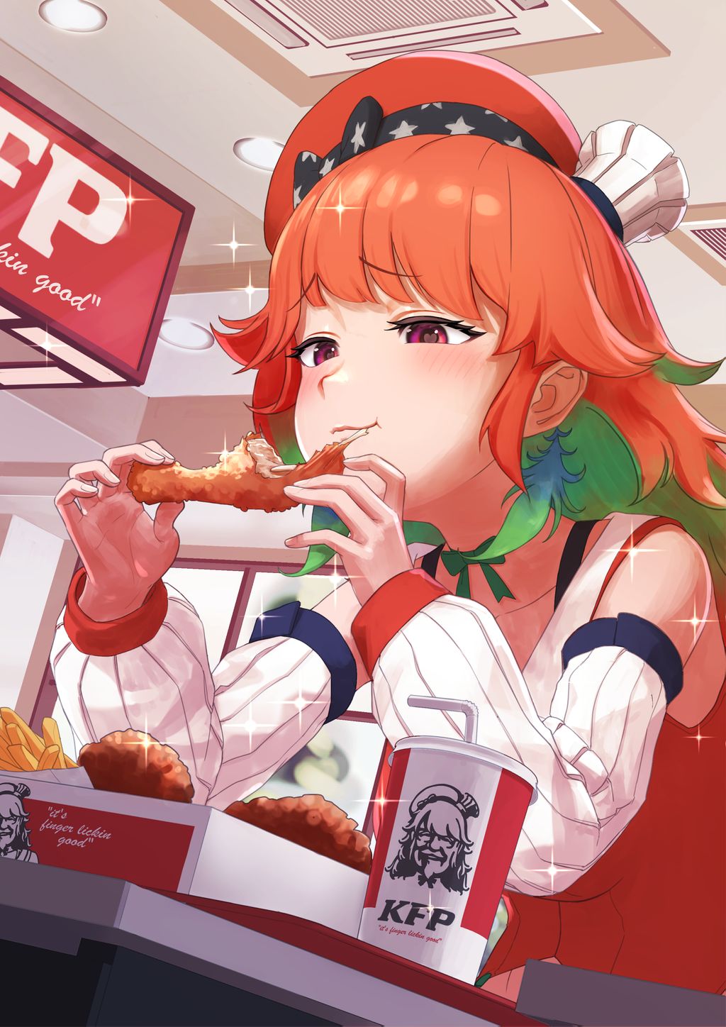 1girl arimoto_wataru beret brand_name_imitation ceiling chef_hat cup disposable_cup eating english_text eyebrows_visible_through_hair fast_food food french_fries fried_chicken hat highres hololive hololive_english indoors multicolored_hair orange_hair red_eyes restaurant solo takanashi_kiara two-tone_hair