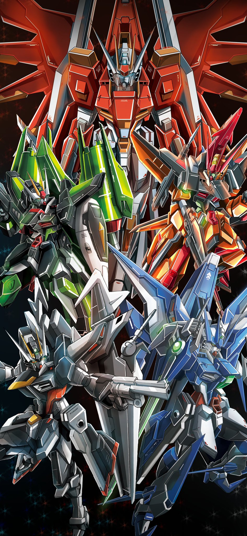 blue_eyes green_eyes gun gundam gundam_seed gundam_seed_c.e._73:_stargazer highres holding holding_gun holding_sword holding_weapon mecha mechanical_wings mobile_suit no_humans revolver science_fiction second-party_source strike_noir sunflower_(tomodog422) sword v-fin weapon wings