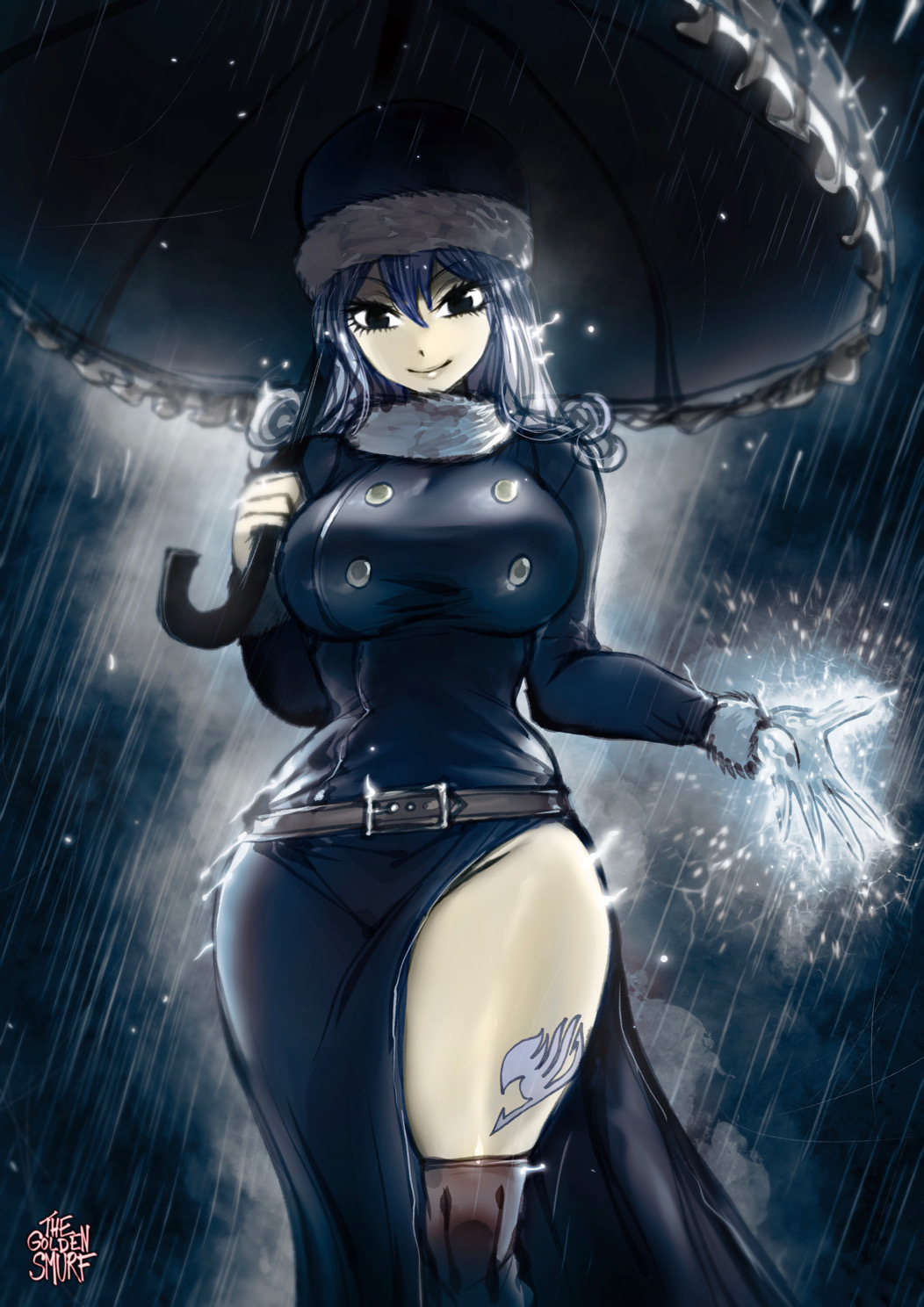 1girl belt black_eyes blue_hair breasts closed_mouth curly_hair fairy_tail fur-trimmed_headwear fur_collar hat highres holding holding_umbrella juvia_lockser large_breasts looking_at_viewer rain smile solo the_golden_smurf thigh_tattoo thighs umbrella