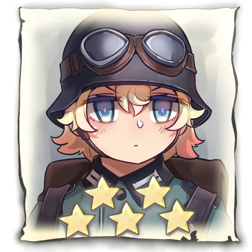 1girl backpack bag bangs blonde_hair blue_eyes closed_mouth company_of_heroes german_army goggles goggles_on_head hair_between_eyes hat lowres military military_hat military_uniform original portrait short_hair solo star_(symbol) uniform v-shaped_eyebrows world_war_ii zhainan_s-jun