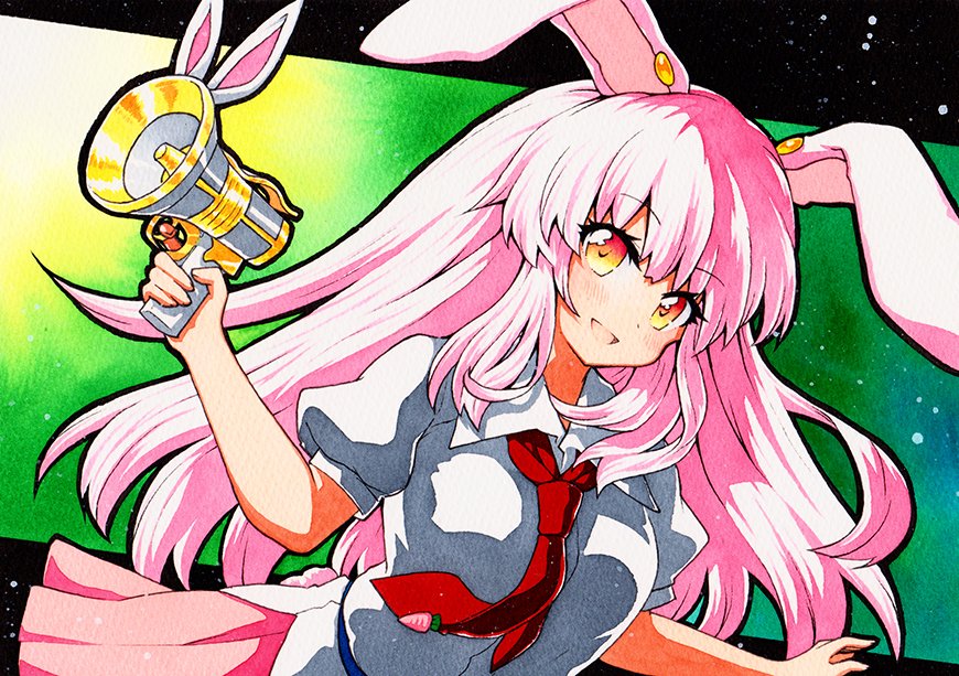 1girl :d animal_ears bangs black_outline collared_shirt eyebrows_visible_through_hair gradient gradient_background green_background gun holding holding_gun holding_weapon long_hair looking_at_viewer lunatic_gun necktie open_mouth outline pink_hair pink_skirt puffy_short_sleeves puffy_sleeves qqqrinkappp rabbit_ears red_neckwear reisen_udongein_inaba shirt short_sleeves skirt smile solo touhou traditional_media upper_body weapon white_shirt yellow_eyes