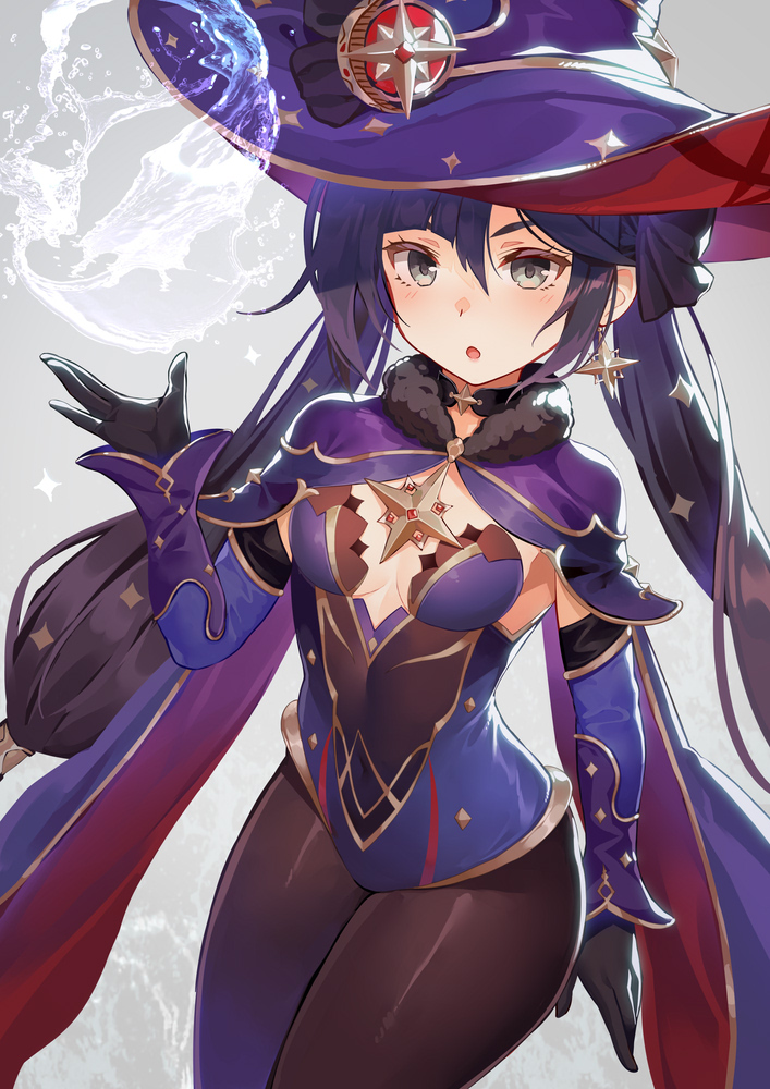 1girl :o black_choker black_gloves black_hair blue_leotard breasts brown_legwear cape choker commentary covered_navel cowboy_shot detached_sleeves earrings genshin_impact gloves gold_trim grey_eyes hand_up hat jewelry kibanda_gohan leotard long_hair long_sleeves looking_at_viewer mona_(genshin_impact) open_mouth pantyhose purple_headwear small_breasts solo strapless strapless_leotard twintails very_long_hair water witch_hat