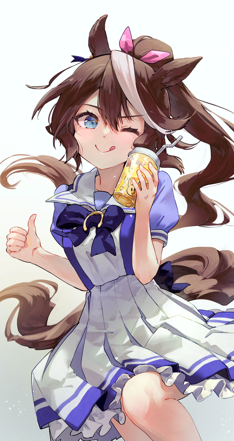 1girl :q animal_ears bangs blue_bow blue_dress blue_eyes blue_neckwear bow bowtie breasts brown_hair cup dress eyebrows_visible_through_hair feet_out_of_frame gradient gradient_background hair_between_eyes hair_ribbon hand_up highres holding holding_cup horse_ears horse_tail light_blush long_hair looking_at_viewer medium_breasts multicolored_hair one_eye_closed petticoat pink_ribbon pleated_skirt ponytail puffy_short_sleeves puffy_sleeves ribbon short_sleeves simple_background skirt solo streaked_hair syuri22 tail thumbs_up tokai_teio_(umamusume) tongue tongue_out umamusume very_long_hair white_background